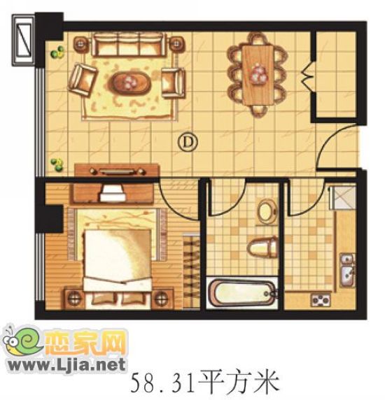 旺角平層公寓58.31㎡戶型效果圖