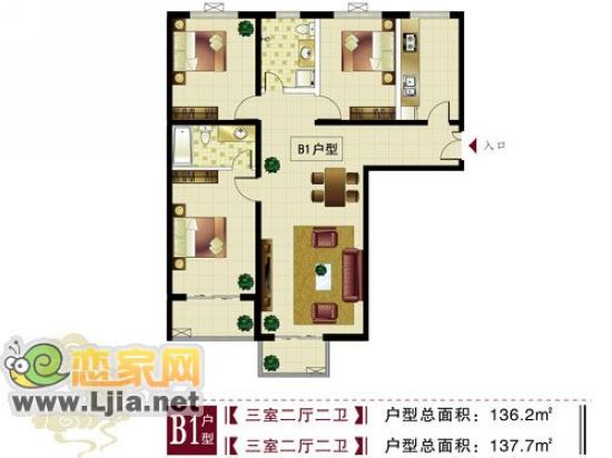 左岸楓橋B1戶型三室兩廳兩衛(wèi) 136.2㎡/137.7㎡