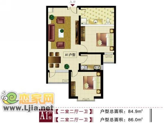 左岸楓橋A1戶型 二室二廳一衛(wèi)   84.9㎡/86.0㎡