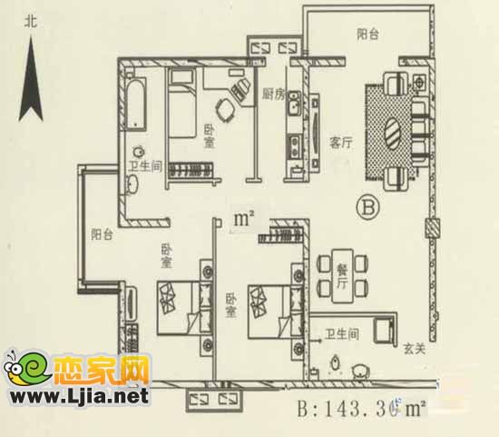 藍色海洋：三室兩廳兩衛(wèi)143.30㎡