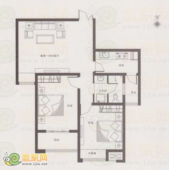 恒隆廣場城市公寓戶型 92.51平米 兩室兩廳一衛(wèi)