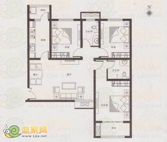 恒隆廣場城市公寓戶型 124.16平米 三室兩廳兩衛(wèi)