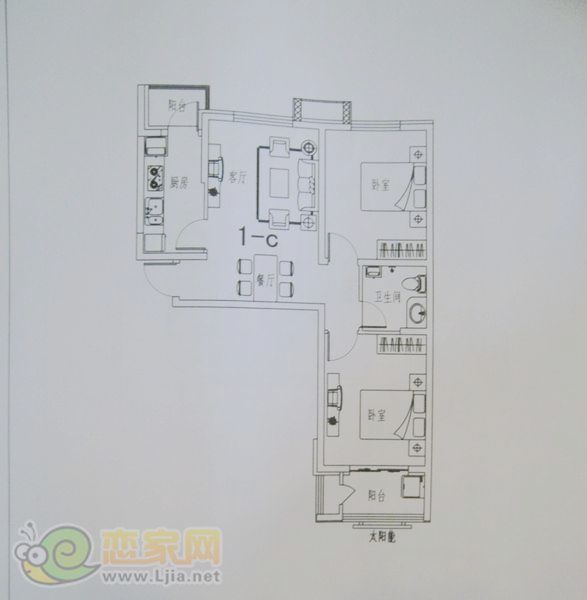 金色漫城1c戶型  兩室兩廳一衛(wèi) 90.59㎡