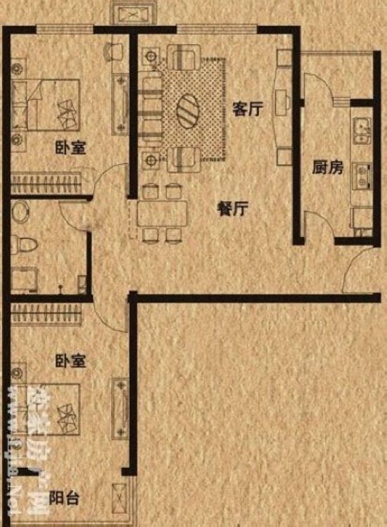 金豐裕園 戶型D2兩室兩廳一衛(wèi) 約105平米