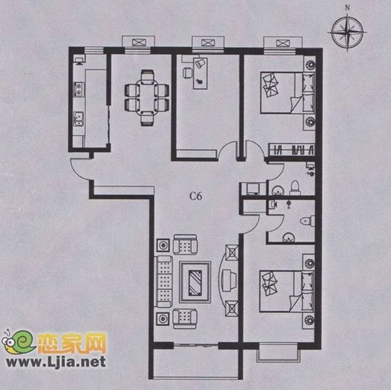 鴻基行政公館C6戶型 三室兩廳一衛(wèi) 建筑面積：約175.4㎡ 