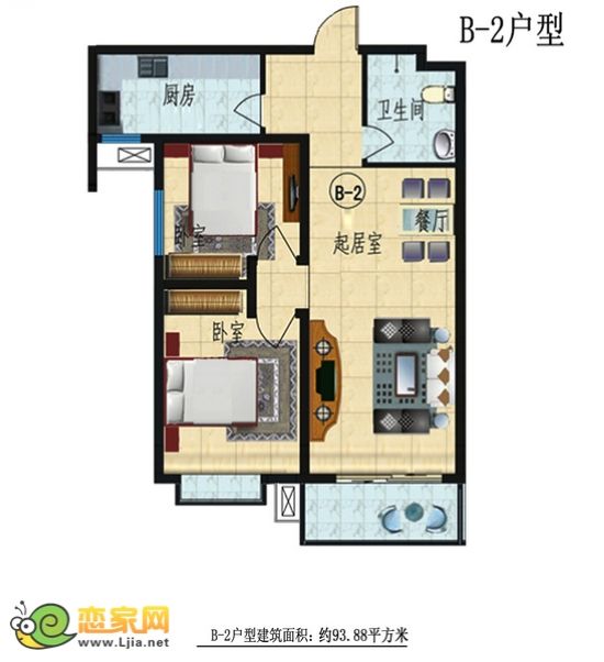 圣水湖畔婚房戶型推薦 兩室兩廳一衛(wèi) 面積約93平米
