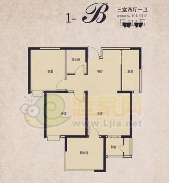 金色漫城1#樓B戶型 三室兩廳一衛(wèi) 建筑面積約101㎡