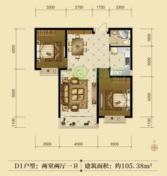 聯(lián)邦御景江山D1戶型 兩室兩廳一衛(wèi) 建筑面積約105㎡ 