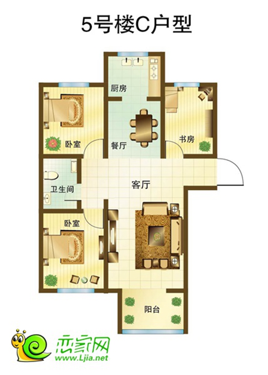5#樓C戶型 三室兩廳一衛(wèi) 面積約115.95平米