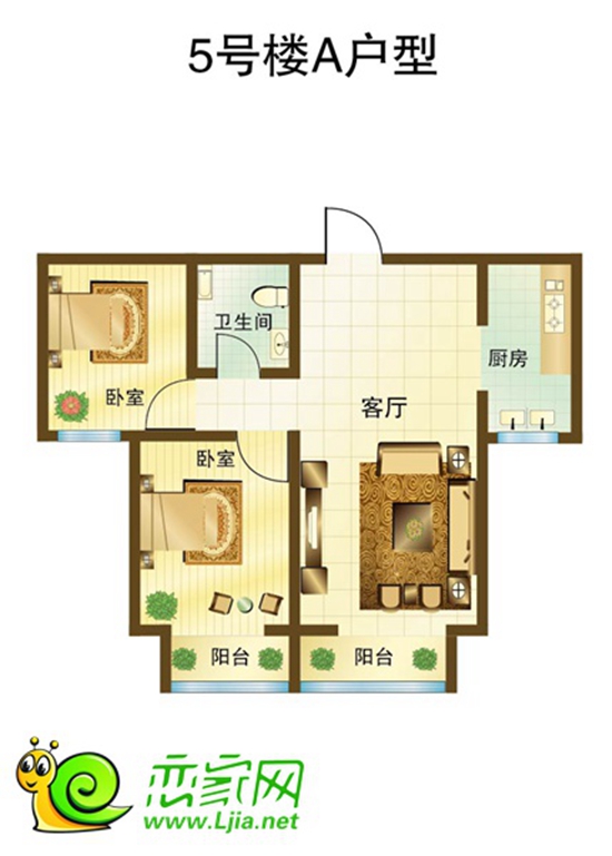 5#樓A戶型 兩室兩廳一衛(wèi) 面積約88.46平米