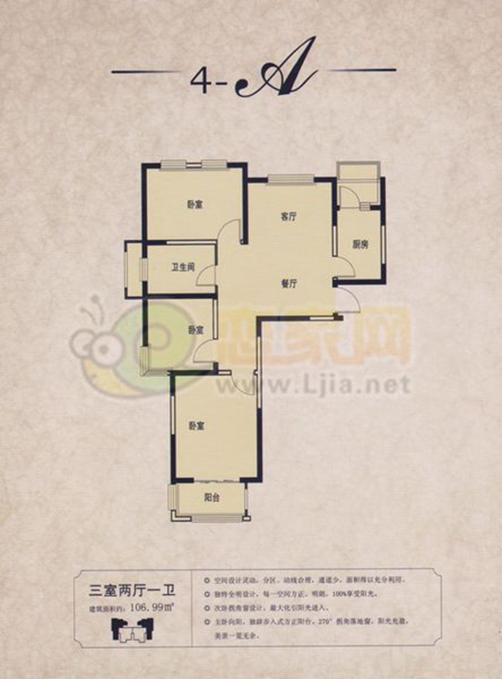 金色漫城A戶型 三室兩廳一衛(wèi) 面積約106平米