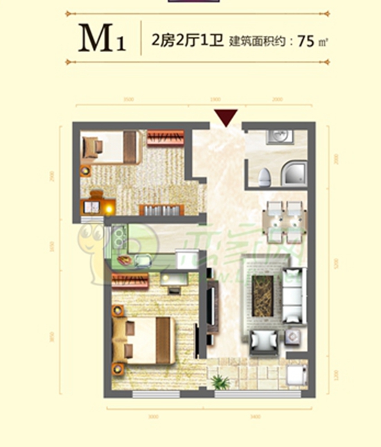中央名都75平米 2室2廳1衛(wèi)