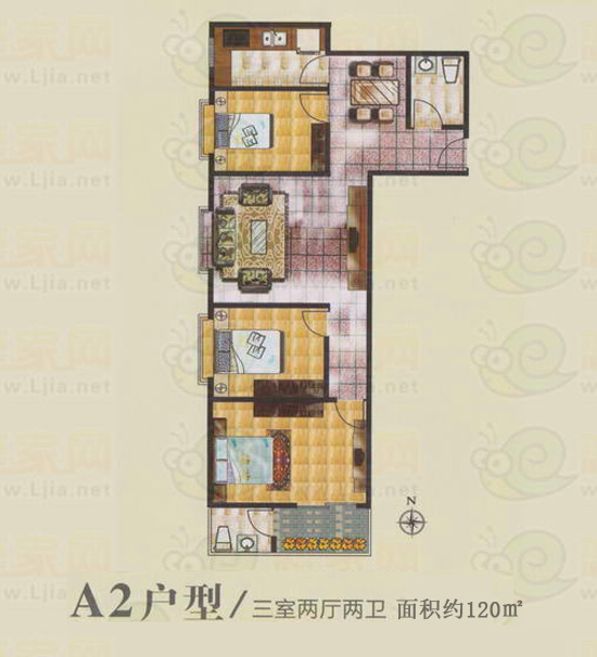 寶盛花語城A2戶型 三室兩廳兩衛(wèi) 建筑面積約120㎡
