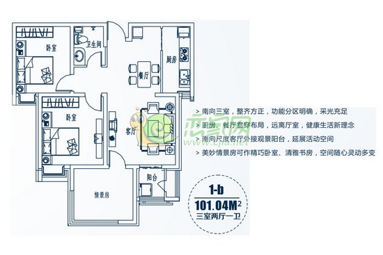 金色漫城特價房戶型 1#樓三室兩廳一衛(wèi) 面積約101平米