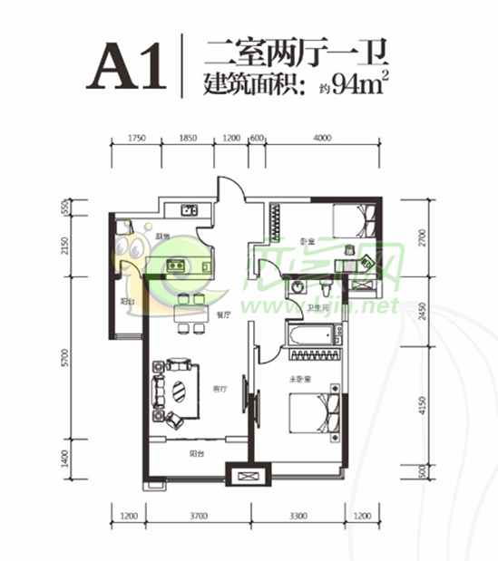 18#A1戶型 二室兩廳一衛(wèi) 94平米
