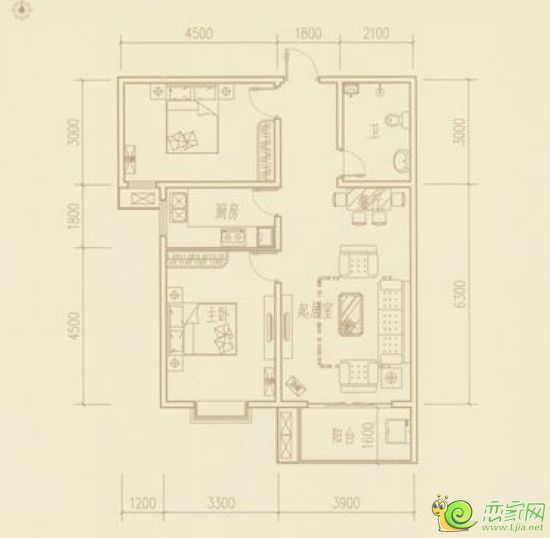 拉德芳斯C2戶型 兩室兩廳一衛(wèi) 面積約99㎡