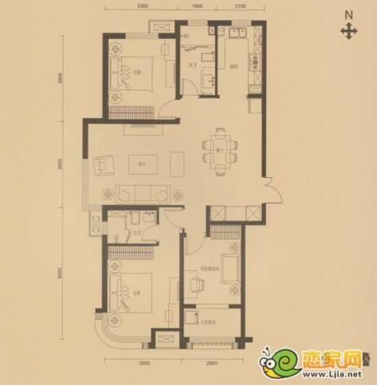 拉德芳斯A戶型 三室兩廳兩衛(wèi) 面積約131㎡
