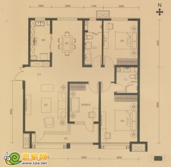 拉德芳斯C戶型 三室兩廳兩衛(wèi) 面積約145㎡