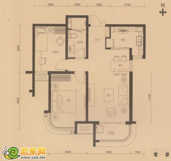 拉德芳斯B戶型 85㎡兩室兩廳一衛(wèi)