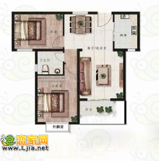 1#樓B戶型 兩室兩廳一衛(wèi) 84㎡