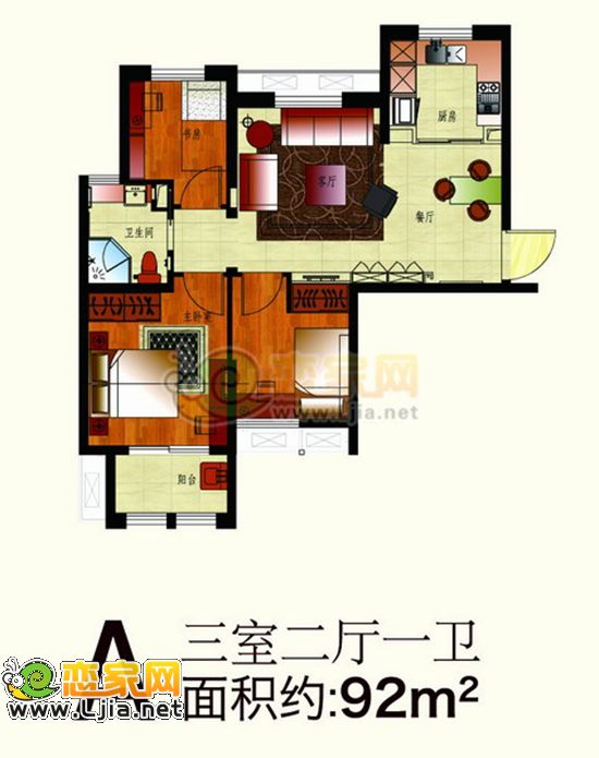 A戶型 三室二廳一衛(wèi) 約92平米