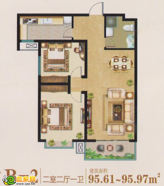 二室二廳一衛(wèi)建筑面積95.61—95.97㎡
