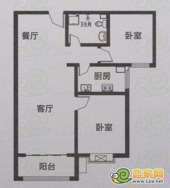 心海假日D戶型 二室二廳一衛(wèi) 約102.08㎡