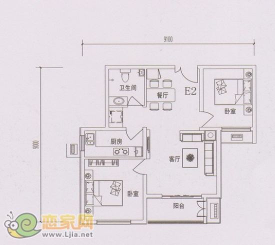 現(xiàn)代海棠灣戶型 二室二廳一衛(wèi) 約85平米