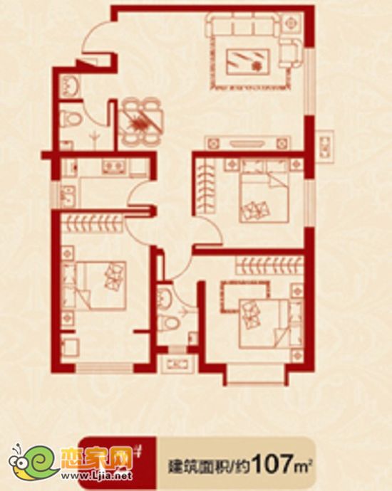 美羅城12#經(jīng)典戶型：建筑面積約107㎡