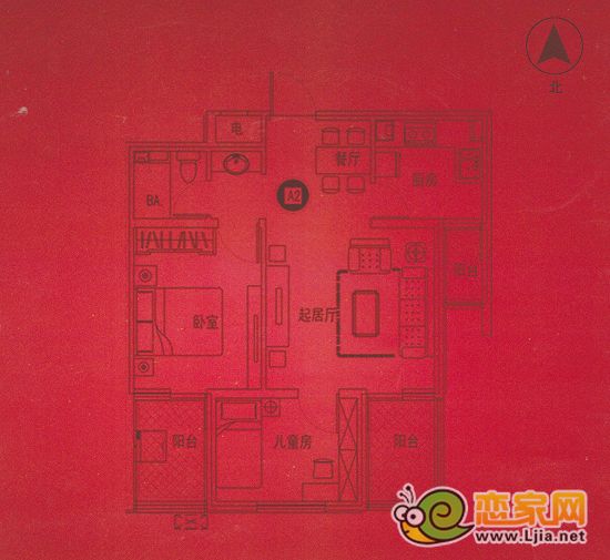 東信華府二室二廳二衛(wèi)戶型 面積約75.45㎡
