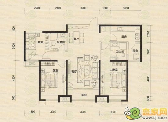 B2戶型 3室2廳2衛(wèi) 建筑面積約128㎡