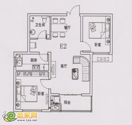 現(xiàn)代海棠灣E2戶型 二室二廳一衛(wèi) 約86平米