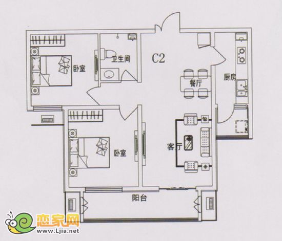 現(xiàn)代海棠灣C2戶(hù)型 二室二廳一衛(wèi) 100㎡