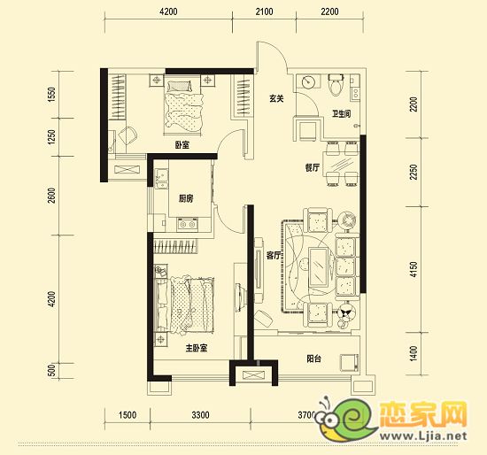 美的城10#精裝戶型：二室二廳二衛(wèi) 95㎡