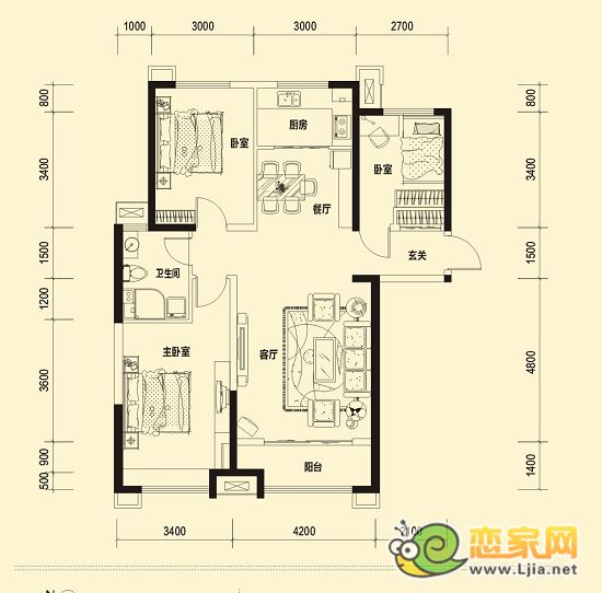 美的城10#精裝戶型：三室二廳二衛(wèi) 121㎡