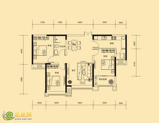 金百合東2#樓B戶型 三室兩廳一衛(wèi) 119.43㎡