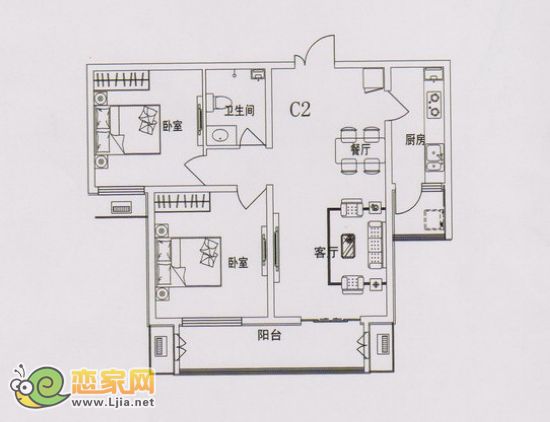 現(xiàn)代海棠灣C2戶型 二室二廳一衛(wèi) 100㎡