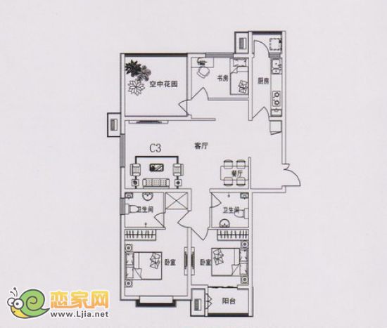 現(xiàn)代海棠灣C3戶型 三室二廳二衛(wèi) 133㎡
