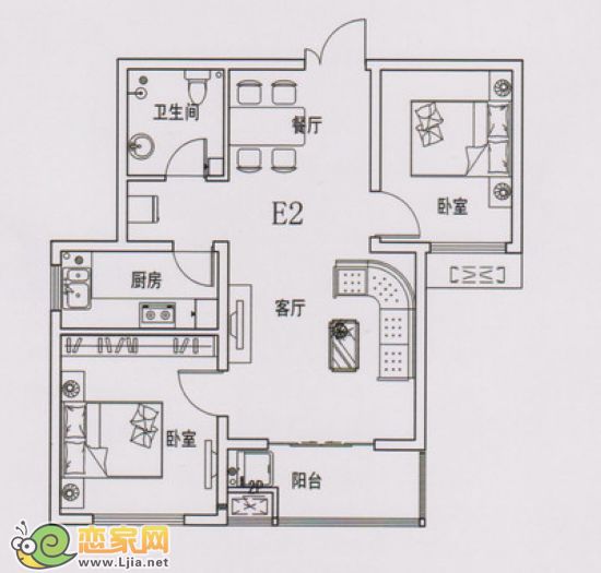 現(xiàn)代海棠灣E2戶型 二室二廳一衛(wèi) 約86平米