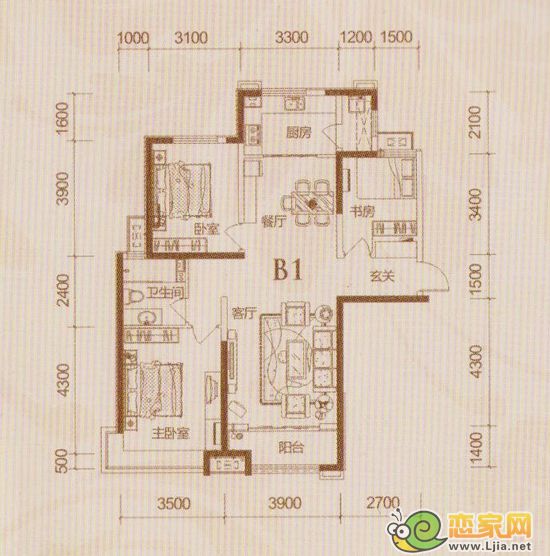 美的城二期B1戶型 三室二廳一衛(wèi) 建筑面積約124.18㎡