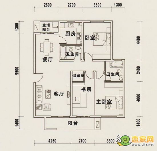 金世紀(jì)花園特價(jià)房戶型 三室兩廳兩衛(wèi) 建筑面積約：137.05㎡