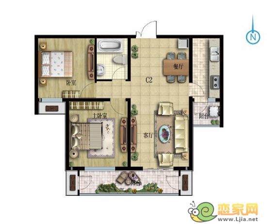 現(xiàn)代海棠灣C2戶型 兩室兩廳一衛(wèi) 面積約105㎡