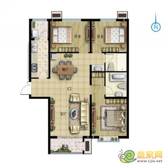 現(xiàn)代海棠灣C1戶型 三室兩廳兩衛(wèi) 面積約129㎡