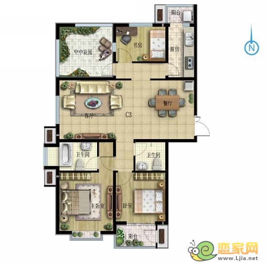 現(xiàn)代海棠灣C3戶型 三室兩廳兩衛(wèi) 面積約134㎡