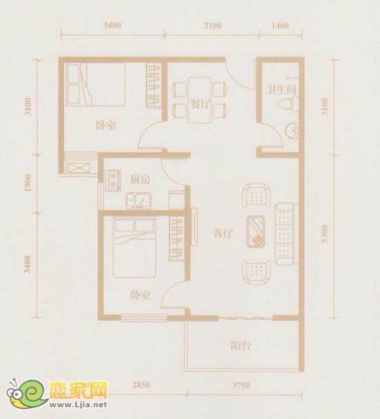 漢成華都G1戶型 兩室兩廳一衛(wèi) 面積約：83.72㎡