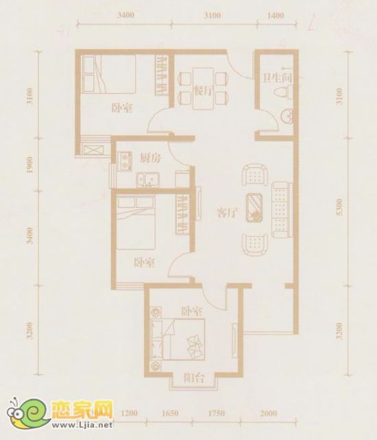 漢成華都A3-a戶型 三室兩廳一衛(wèi) 面積約：92.7㎡