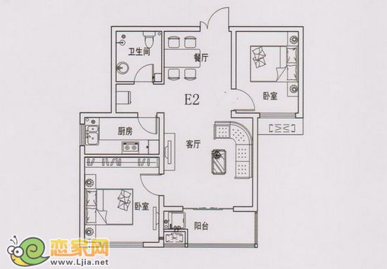 現(xiàn)代奧城 兩室兩廳一衛(wèi) 面積約：86㎡