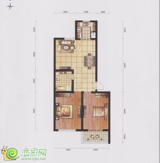 慧谷兩室兩廳一衛(wèi)戶型 面積約96.36㎡