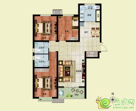 宜家花園三室兩廳兩衛(wèi)戶型 建筑面積約129㎡/128.08㎡