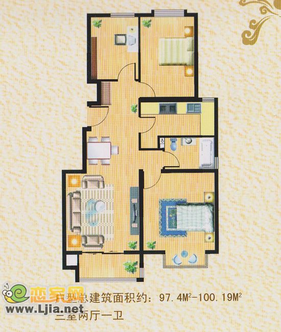 建筑面積約100平米 三室二廳一衛(wèi)